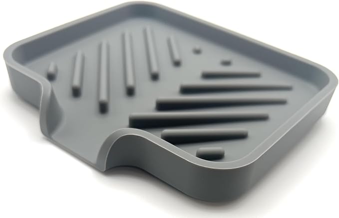 Happitasa Silicone Soap Dish Tray and Sponge Holder with Drain Chute and Feet | 3-Way Sloped Design | Bathroom and Kitchen Sink Organizer Caddy (Grey, 5"x4")