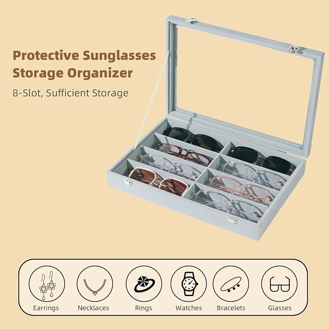 XHMQYC Glasses Holder Box Drawer Sunglass Organizer for Men Clear Wide Storage Case 8 Slots Multiple Reading Glasses Display, Gray Velvet With Clear Glass Lid