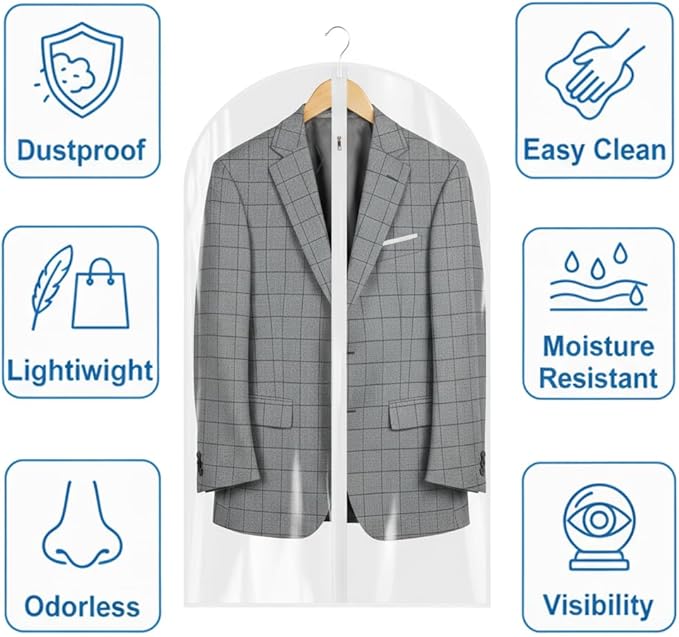 65” All Clear Dress Bags for Travel - PEVA Waterproof Fordable Cover with Zipper for Hanging Clothes, long Dress - Durable Dresser for Closet Storage, Dustproof & Moisture Resistant - 65”/4 Pack