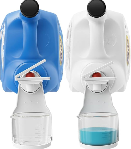 2-Pack Laundry Detergent Dispenser Cup Holders with Easy-Press Spout Switch, Drip Catcher Tray, No-Mess Soap Dispenser Organizer for Laundry Room Storage & Cleaning Supplies