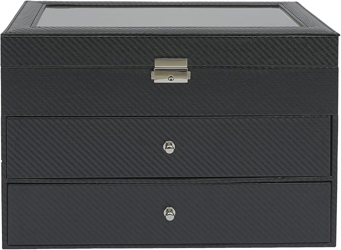 DouSeiAi 3 Layer Sunglasses Storage Box, 18 Grids of Glasses Organizer, Lockable Eyewear Display Case with Drawer (Grey)