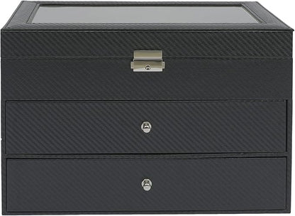 DouSeiAi 3 Layer Sunglasses Storage Box, 18 Grids of Glasses Organizer, Lockable Eyewear Display Case with Drawer (Grey)