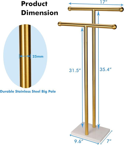 Standing Towel Rack Double-T Shape Tall Bath Towel Sheet Holder with Marble Design Base for Bathroom 2 Tier Towel Holder Stand Stainless Steel (Brushed Gold)