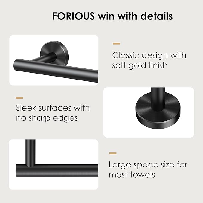 FORIOUS Towel Bar Wall Mounted, Stainless Steel Towel Racks for Bathroom, Includes Wall Mounting Hardware (Matte Black, 23 Inch)