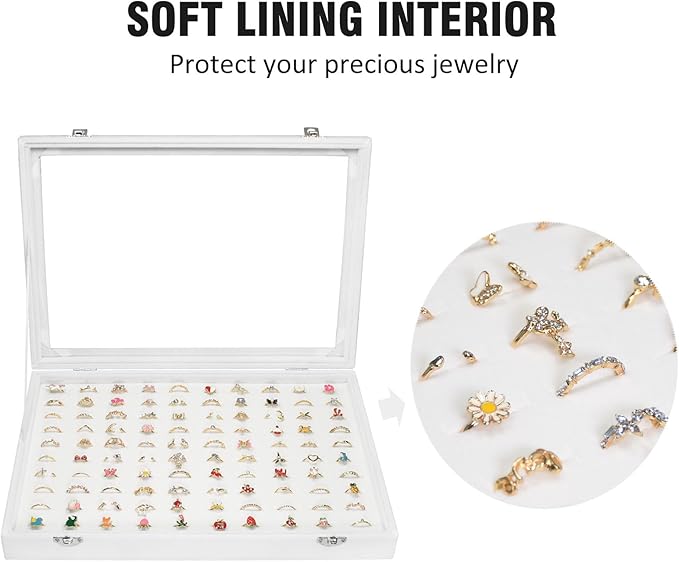 Rings Organizer Tray 100 Slot Velvet Ring Earring Storage Box TranSparent Cover Jewelry Store Ring Display Box Jewelry Display Cabinet for Girl Wife Mother