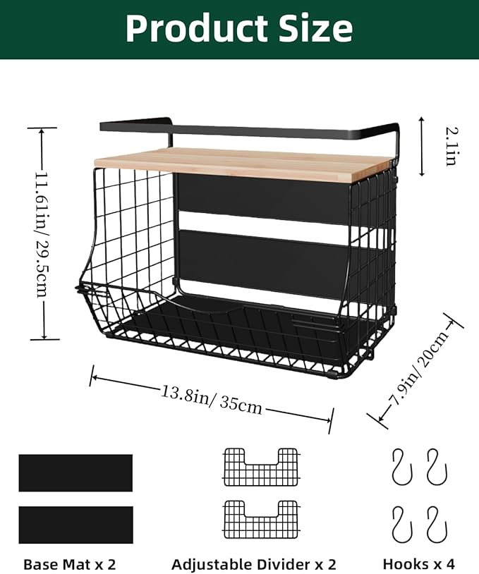 NRSVIAN Magnetic Shelf for Fridge with Wood Lid, Fruit Potato and Onion Storage Bins, Kitchen Large Container Magnetic Spice Rack for Refrigerator, Kitchen Counter, Tools, Snack (BLACK, 2 Pack)