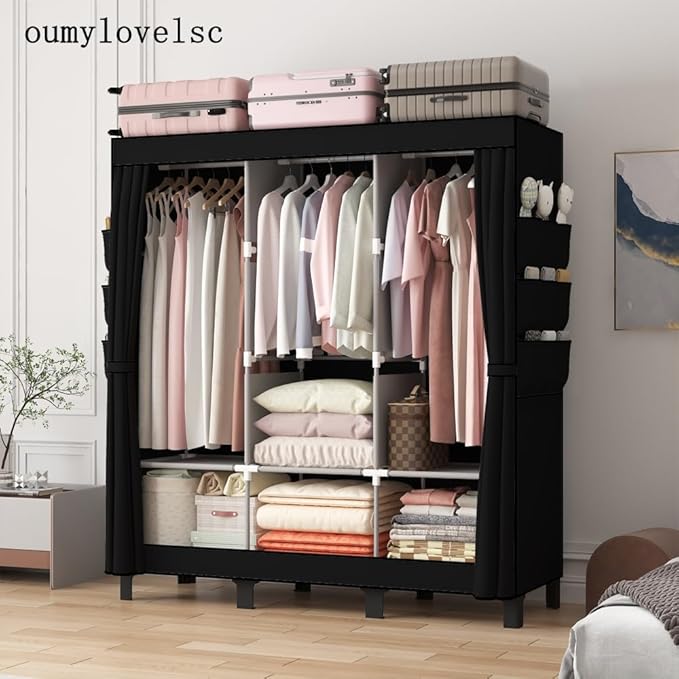 Portable Wardrobe, Clothes Organizer, Easy Hanger Wardrobe, Multiple Dividers and 3 Drawers, 6 Side Pockets Large Capacity (Black)