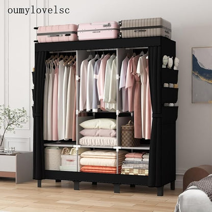Portable Wardrobe, Clothes Organizer, Easy Hanger Wardrobe, Multiple Dividers and 3 Drawers, 6 Side Pockets Large Capacity (Black)