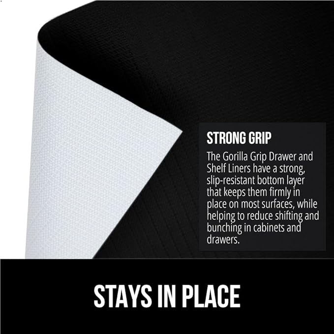 GORILLA GRIP DripGuard Shelf Liner, Non Adhesive Drawer and Kitchen Cabinet Protector, Slip Resistant BPA Free Smooth Surface Plastic Liners for Cabinets, Bathrooms, Closets, 12x240 Inch, Black