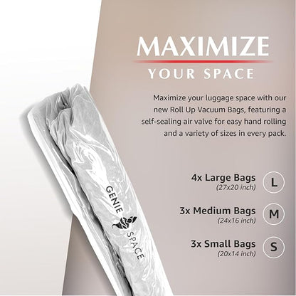 GENIE SPACE Roll-Up Compression Bags for Clothes – Airtight, Waterproof & Reusable Travel Space Saver Bags, No Pump Needed – Variety 10-Pack (4 Large, 3 Medium, 3 Small)