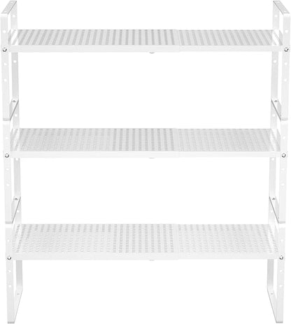 Redrubbit Expandable Cabinet Storage Shelf, Adjustable Height Steel Metal Kitchen Counter Organizers Shelves Spice Rack for Kitchen Pantry Bathroom Cupboard Desk Home Office, White-3 Pack