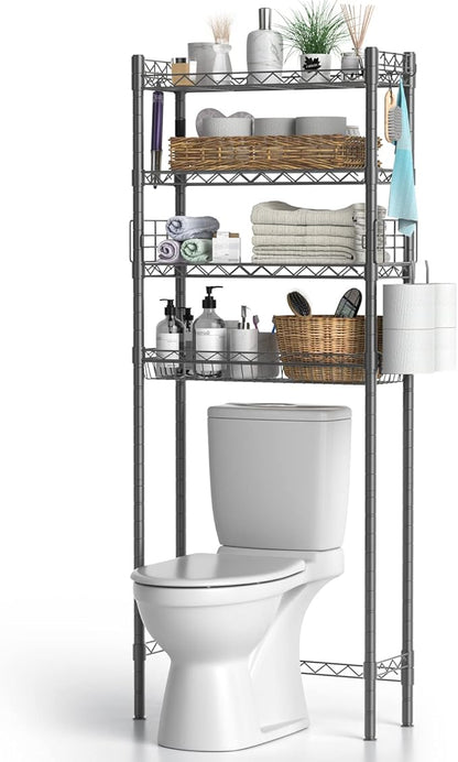 Hodonas 4-Tier Over The Toilet Storage, Adjustable Over Toilet Bathroom Organizer Rack, Freestanding Bathroom Shelves Above Toilet Storage, Sturdy Bathroom Space Saver with Basket and Shelves, Gray