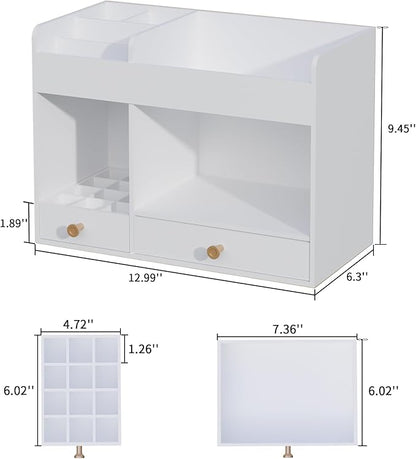 LONTAI Bamboo Makeup Organizer with Drawers, Cosmetic Storage for Lipstick Organizer Beauty Holder Skincare Organizer for Dresser Vanity Bathroom Countertop, No Assembly Required (White)