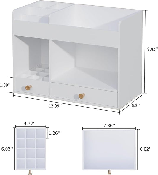 LONTAI Bamboo Makeup Organizer with Drawers, Cosmetic Storage for Lipstick Organizer Beauty Holder Skincare Organizer for Dresser Vanity Bathroom Countertop, No Assembly Required (White)
