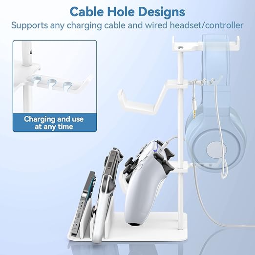KDD Headphone Stand, Controller Holder & Headset Holder for Desk, Earphone Stand with Aluminum Supporting Bar, Universal Storage Organizer Headphones/Controller/Switch/Mobile Phone(White)