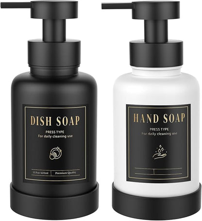 Luxspire Foaming Soap Dispenser, Glass Foam Pump Soap Dispenser, Non-Slip Silicone Sleeve & 5 Waterproof Labels, 15 Oz Refillable Liquid Bottle for Bathroom & Kitchen, Black+White, 2 Pack
