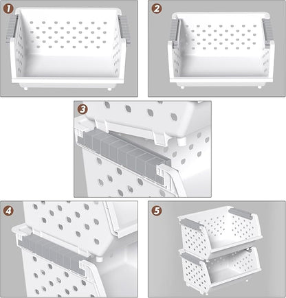 4 Pack Plastic Stacking Basket Organizer, Large Kitchen Open Front Stacking Storage Bins, White
