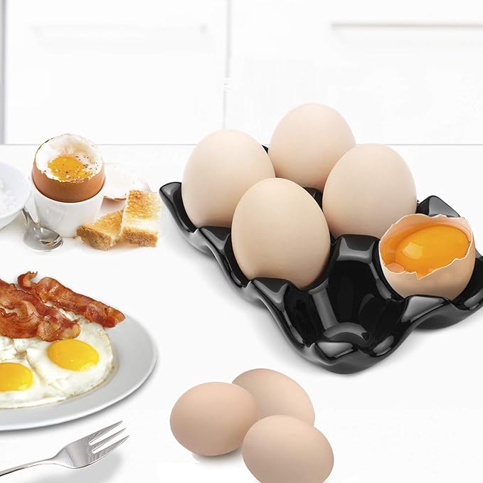 Flexzion Ceramic Egg Holder for Fridge - 6 Cups Egg Tray Half Dozen Porcelain Container Keeper Storage Organizer Decorative Serving Dish Serveware for Refrigerator Countertop Display Kitchen (Black)