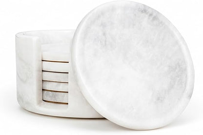Marble Coaster Set of 6-3.7" Round Marble Drink Coasters, Cork Backing Non-Slip, Office Protect Tables from Stains and Scratches, White