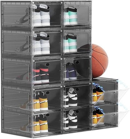 OMOPIN 12 PACK Large Shoe Storage Boxes, Shoe Boxes Clear Plastic Stackable, Shoe Organizer for Size 12 (Grey 12 Pack)