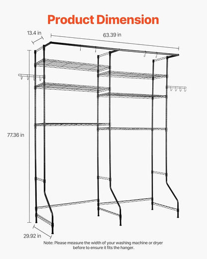 VEVOR Over Washer and Dryer Storage Shelves, 6 Tiers Laundry Room Drying Rack with Hanger Rod and Hooks, Two Rows Adjustable Washer Shelves Space Saver, for Laundry Room Storage & Organization, Black