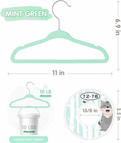 VIS'V Baby Hangers, 11 Inch Velvet Kids Hangers with 6 Pcs Clothes Size Dividers, Infant Toddler Nursery Closet Organization, Non Slip, Mint Green, 30 Pcs