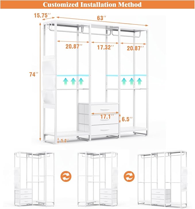 Garment Rack Heavy Duty Clothes Rack for Hanging Clothes, Freestanding Clothing Rack with 3 Fabric Drawers, Wood Stoarge Shelf, Adjustable Closet Racks, Corner L Shaped Closet System Organizers, White