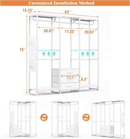 Garment Rack Heavy Duty Clothes Rack for Hanging Clothes, Freestanding Clothing Rack with 3 Fabric Drawers, Wood Stoarge Shelf, Adjustable Closet Racks, Corner L Shaped Closet System Organizers, White