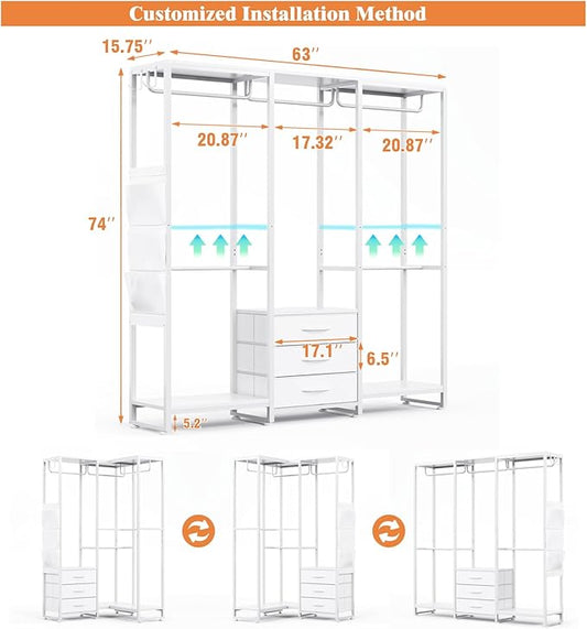 Garment Rack Heavy Duty Clothes Rack for Hanging Clothes, Freestanding Clothing Rack with 3 Fabric Drawers, Wood Stoarge Shelf, Adjustable Closet Racks, Corner L Shaped Closet System Organizers, White