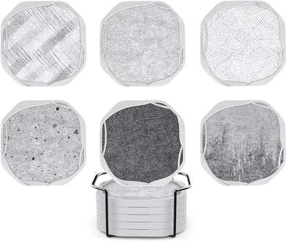 UMIRRO Absorbent Coasters for Drinks with Holder, Silicone Cup Coaster with Felt Insert for Coffee Table Decor, Small Unique Birthday Gift Ideas for Men, Dad, Him, Women Mom, Her, 4", Grey, Set of 6