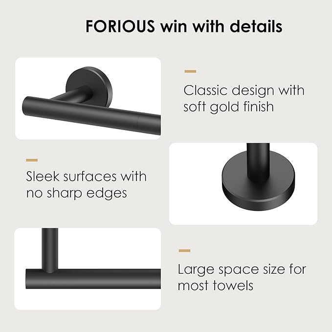 FORIOUS Towel Bar Wall Mounted, Stainless Steel Towel Racks for Bathroom, Includes Wall Mounting Hardware (Matte Black, 32 Inch)
