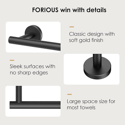 FORIOUS Towel Bar Wall Mounted, Stainless Steel Towel Racks for Bathroom, Includes Wall Mounting Hardware (Matte Black, 14 Inch)