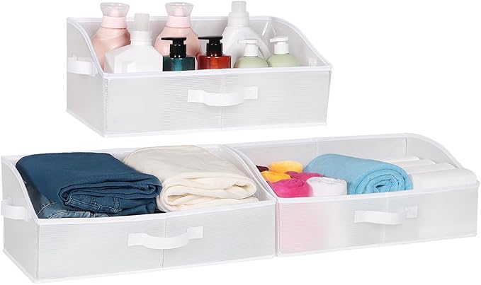 KEEGH Storage Bins for Closet Shelves Storage Basket for Shelves Waterproof Trapezoid Organizer Bin for Clothes with Handles, Beige, Set of 3