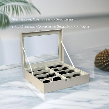 UnionPlus 8-Slots Sunglasses Case Organizer, Eyeglass Glasses Display Holder Collector, Multiple Sunglasses Storage Case, Pearly-lustre Beige