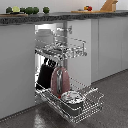 2 Tier Pull Out Cabinet Organizer 11" W X 17" D, Slide Out Drawers for Kitchen Cabinets, Pull Out Drawers for Cabinets Capacity Heavy Duty Caddy, Cabinet Pullout Shelves Chrome-Plated,Bathroom Pantry