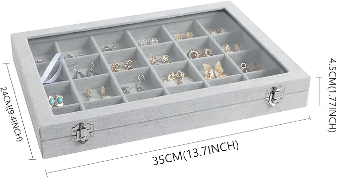 Wudygirl Jewelry Organizer Velvet Jewelry Tray 24 Grid Jewelry Box Earring Holder Organizer Removable Display Case Organizer Glass Top Lid & Lock (24 Grid)