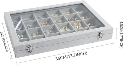 Wudygirl Jewelry Organizer Velvet Jewelry Tray 24 Grid Jewelry Box Earring Holder Organizer Removable Display Case Organizer Glass Top Lid & Lock (24 Grid)