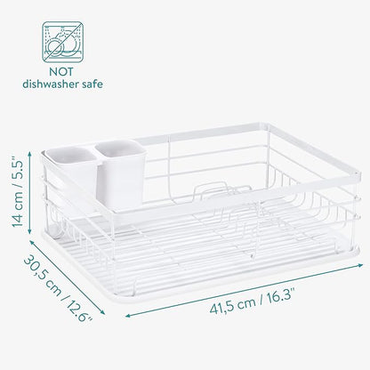 Navaris Dish Drainer Rack - Plate, Cutlery, Pots and Pans Drying Rack for Kitchen - Modern Retro Design Drip Tray with Metal Rack - White