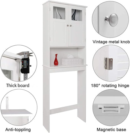 Bonnlo Over The Toilet Storage Cabinet with Adjustable Shelf White Bathroom Floor Organizer Space Saver with Double Doors, 67" Height