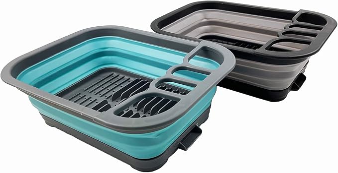 SAMMART 7.3L (1.9 Gallon) Collapsible Dish Drainer with Drainer Board - Foldable Drying Rack Set - Portable Dinnerware Organizer-Space Saving (Alloy Grey + Crystal Blue (Set of 2))
