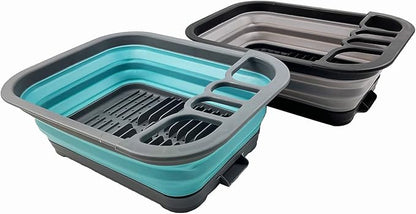 SAMMART 7.3L (1.9 Gallon) Collapsible Dish Drainer with Drainer Board - Foldable Drying Rack Set - Portable Dinnerware Organizer-Space Saving (Alloy Grey + Crystal Blue (Set of 2))