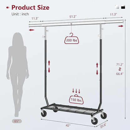 Tajsoon Clothes Rack Heavy Duty Load 350 LBS, 73.8' Extendable & Adjustable Foldable Clothing Rack for Hanging Clothes, Garment Rack with Lockable Wheels for Bedroom, Laundry Room, Black