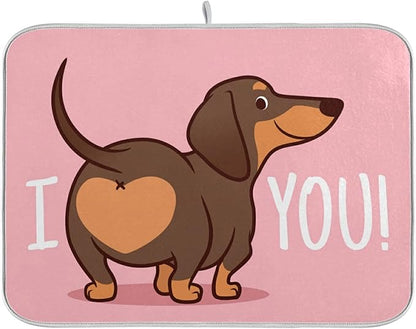 ZzWwR Cute Dachshund Funny Heart Absorbent Dish Drying Mat Microfiber Kitchen Countertop Table Protector Multipurpose Counter Rack Sink Drainer Pad (16” x 18”)
