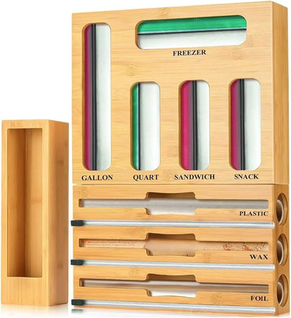9-in-1 Bamboo Kitchen Drawer Organizer - Storage Bag Holder with Built-In Foil & Wrap Cutter Dispenser - Wooden Food Storage Bag Organizer for Gallon, Quart, Sandwich and Snack Sizes
