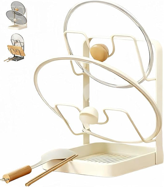 OZAMGSZWSY Kitchen Pot Lid Storage Rack, 304 Stainless Steel Pot Lid Holder While Cooking, Multifunctional Kitchen Pot Cover Organizer for Countertop, With Removable Drip Tray (Double Beige)