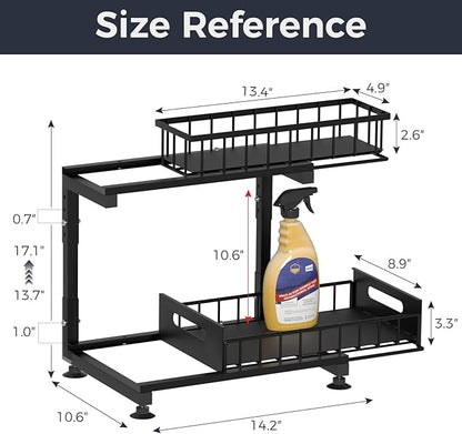 Under Sink Organizer, 2-Tier Premium Metal Pull-Out Racks with Adjustable Height, Heavy Duty Sliding Bin for Bathroom and Kitchen Cabinet Storage, Rust Resistant 1 Pack