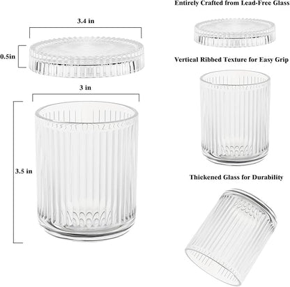 rejomiik Glass Qtip Holder Dispenser 2 Pack, Bathroom Canister Apothecary Jars with Lids, Vanity Makeup Accessories Storage Organizer for Cotton Swabs, Cotton Balls, Pads, Floss Picks, Clear