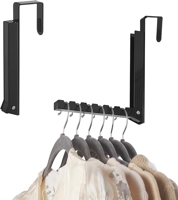 YAZYBHA Over The Door Hooks Hanger for Clothes, 1 Pack Foldable Over The Door Drying Rack for Laundry, Overdoor Hanger Hook with 6 Groves for Towel, Coat, Black