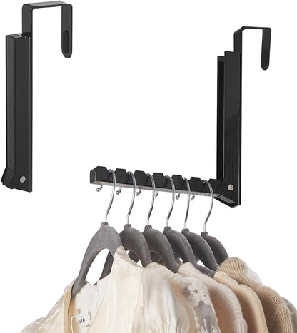 YAZYBHA Over The Door Hooks Hanger for Clothes, 1 Pack Foldable Over The Door Drying Rack for Laundry, Overdoor Hanger Hook with 6 Groves for Towel, Coat, Black