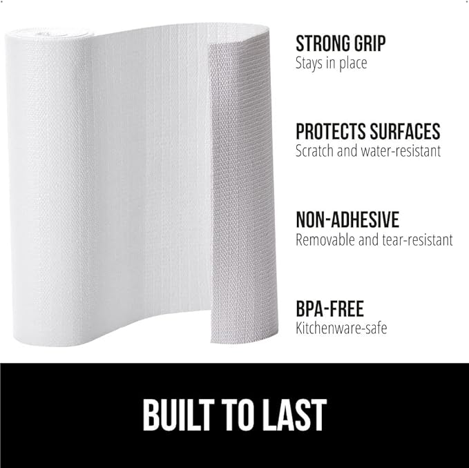GORILLA GRIP Slip Resistant Drawer and Shelf Liner 2 Pack, Non Adhesive Water Resistant, Easy Clean and Trim, Smooth Surface Liners for Kitchen Cabinet, Shelves, Drawers, Pantry, 12 in x 10 FT, White